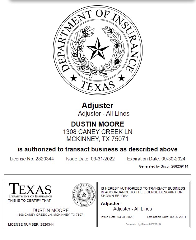 Texas All Lines Adjuster License - Dustin Moore, Nimbus Roofing | built by the Nimbus IQ AI & powered by Google Gemini Partner